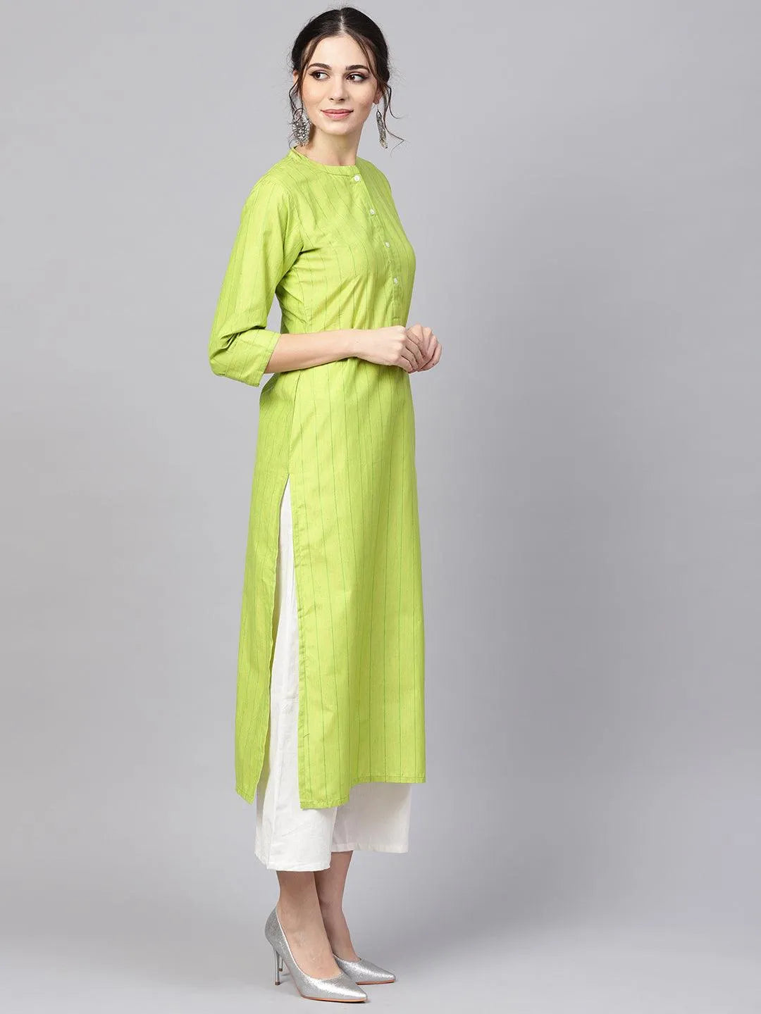 Green Striped Cotton Kurta - Libas