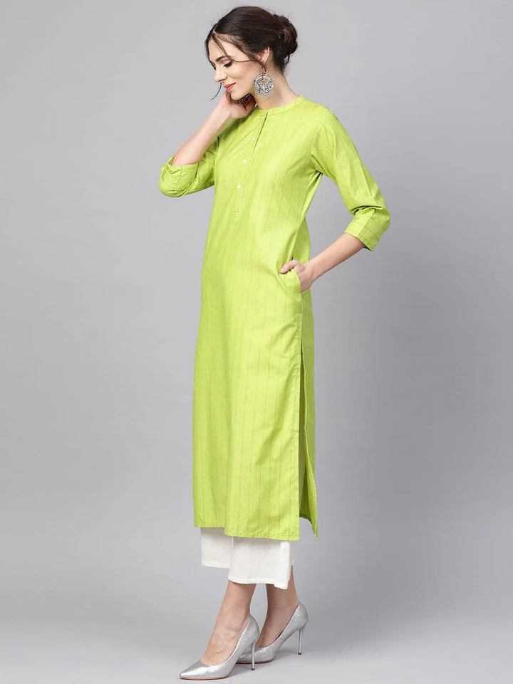 Green Striped Cotton Kurta - Libas