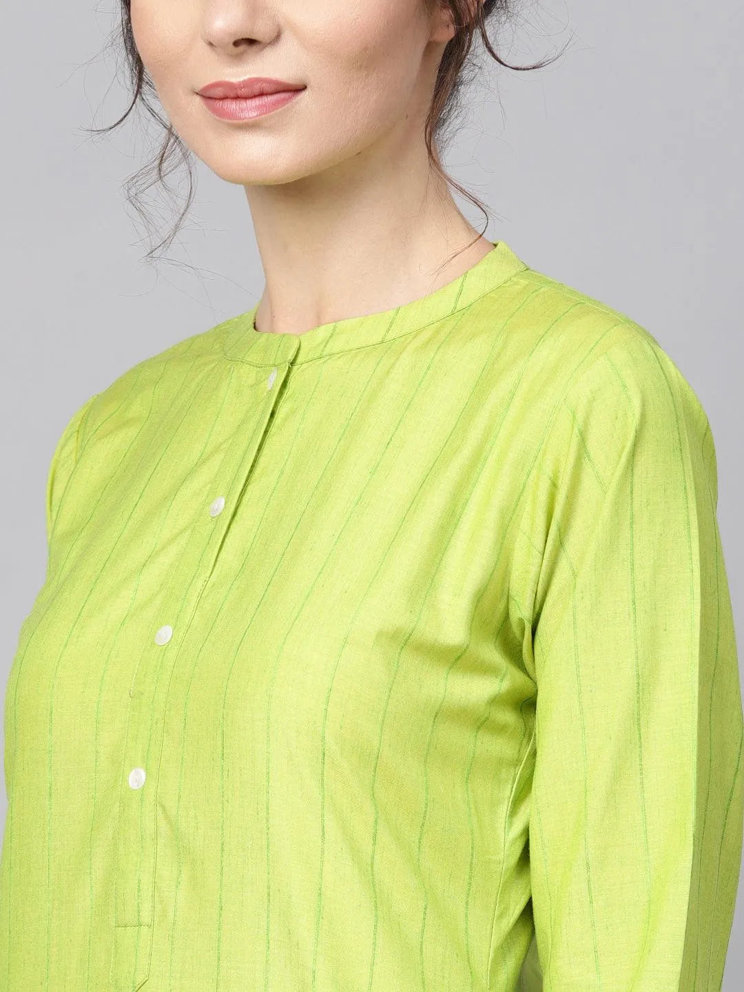 Green Striped Cotton Kurta - Libas