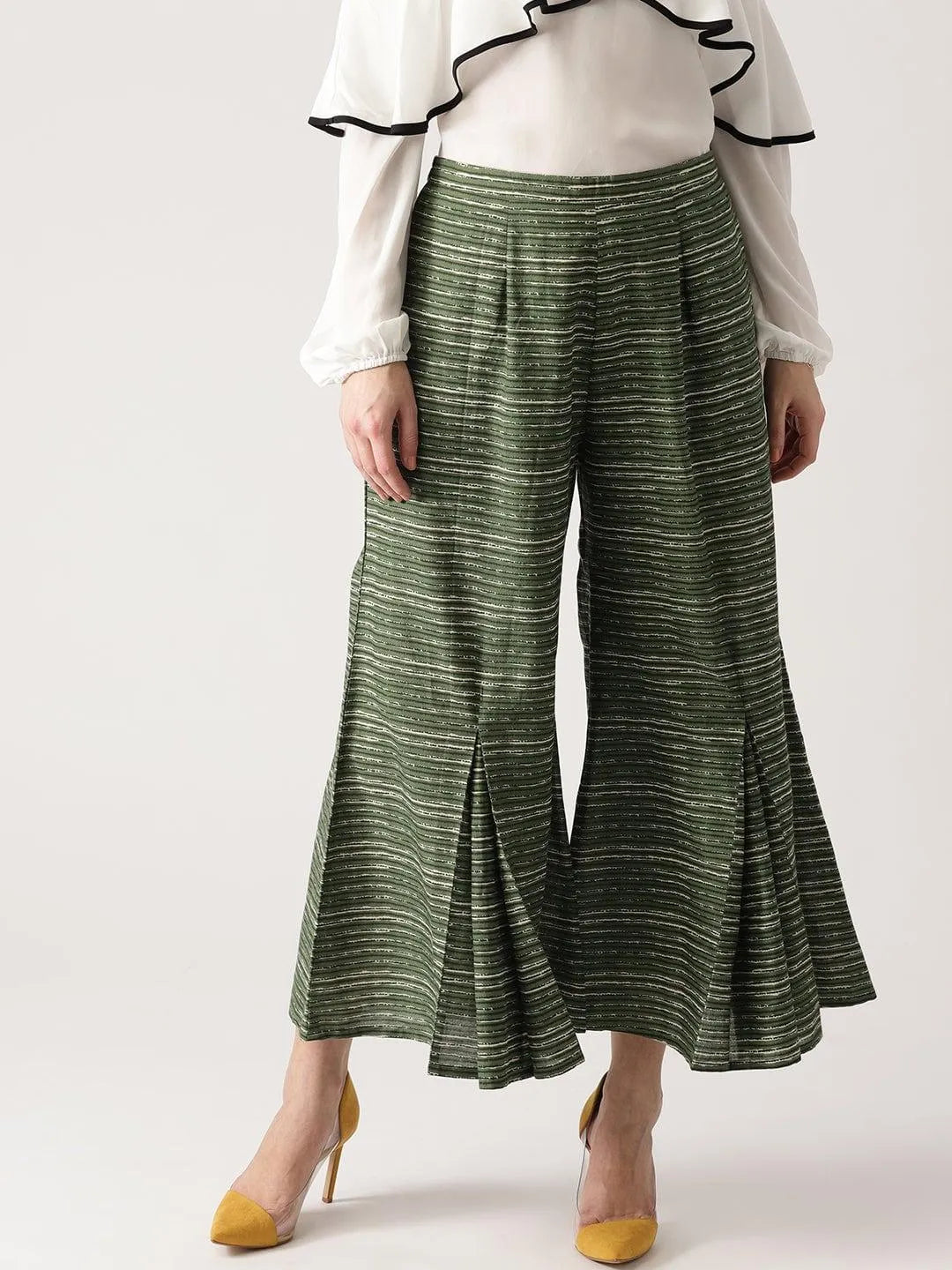 Green Striped Cotton Palazzos - Libas 