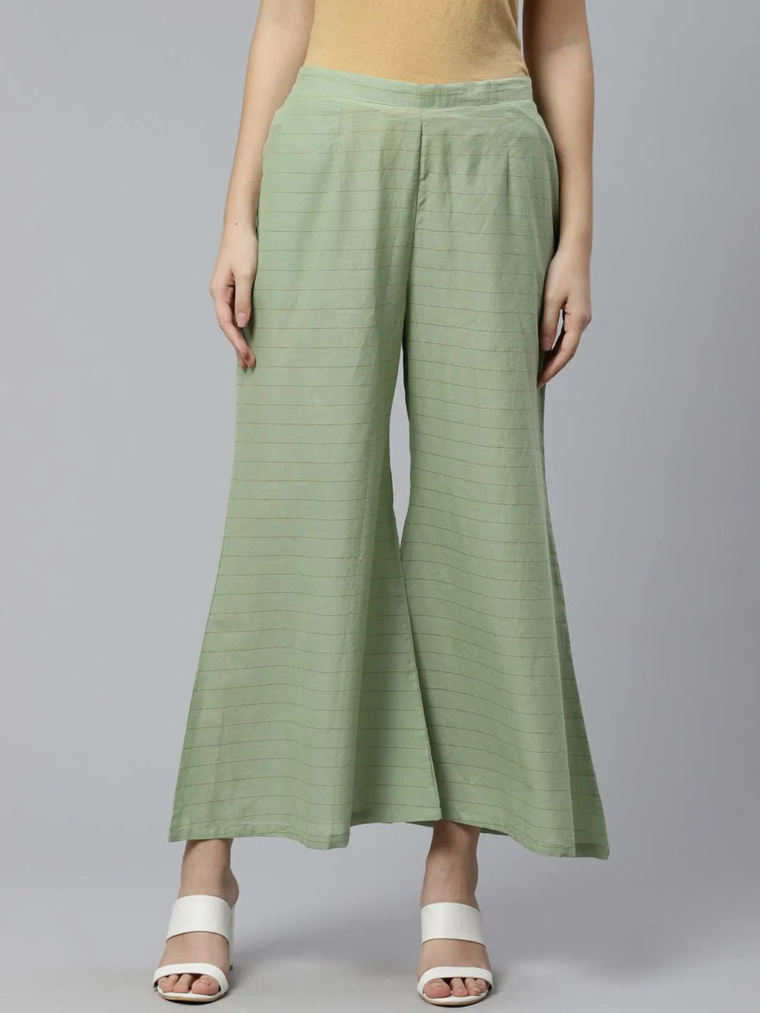 Green Striped Cotton Palazzos - Libas 