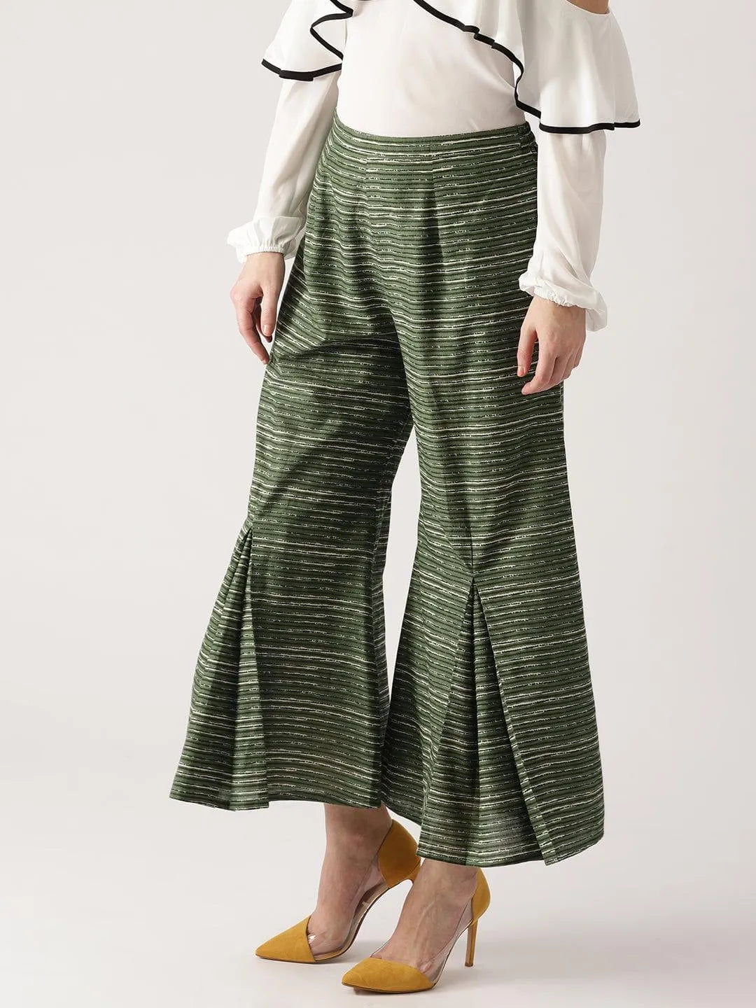 Green Striped Cotton Palazzos - Libas 