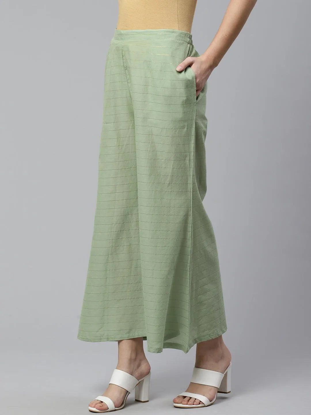 Green Striped Cotton Palazzos - Libas 