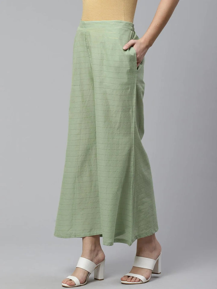 Green Striped Cotton Palazzos - Libas