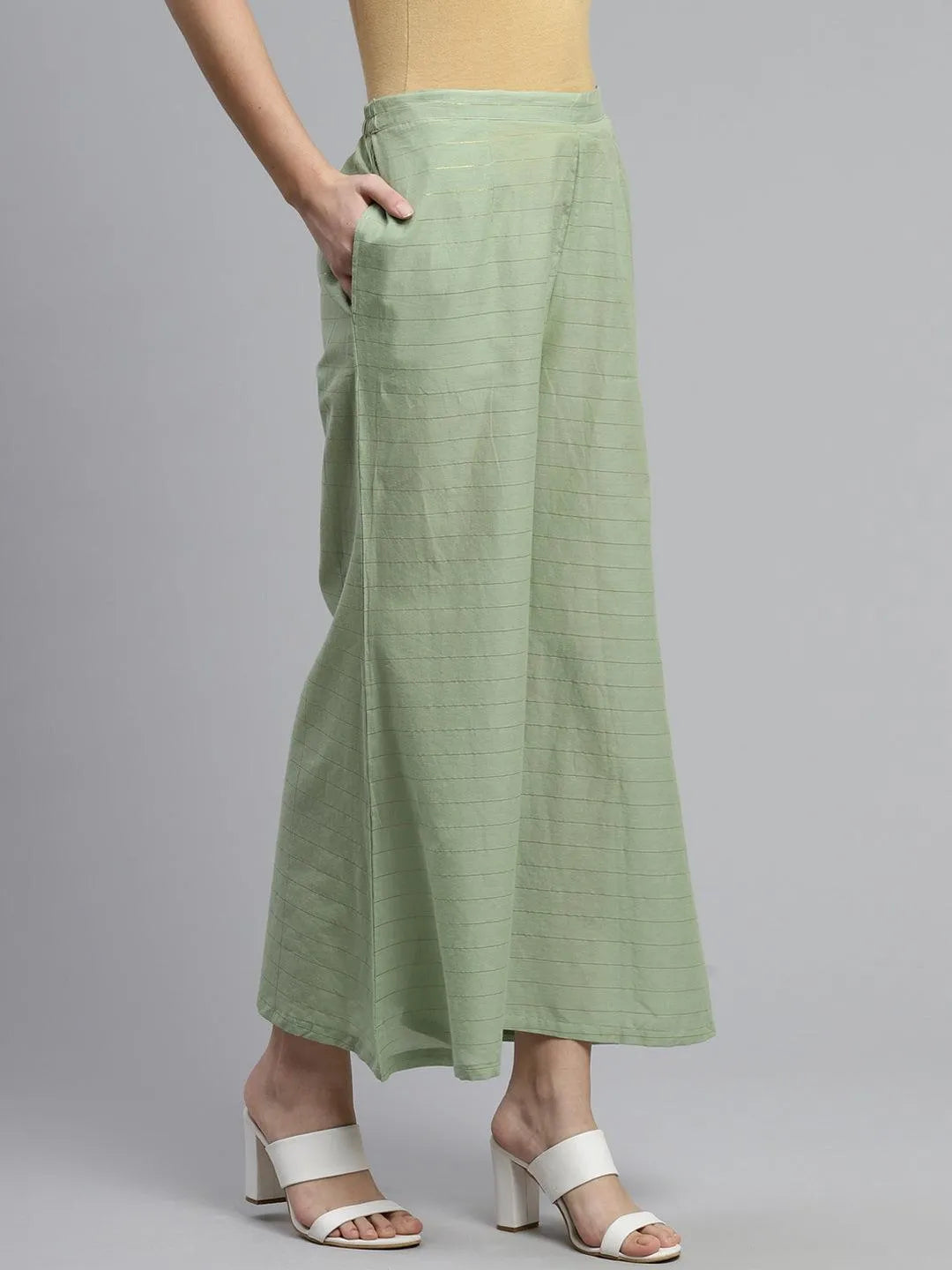 Green Striped Cotton Palazzos - Libas 