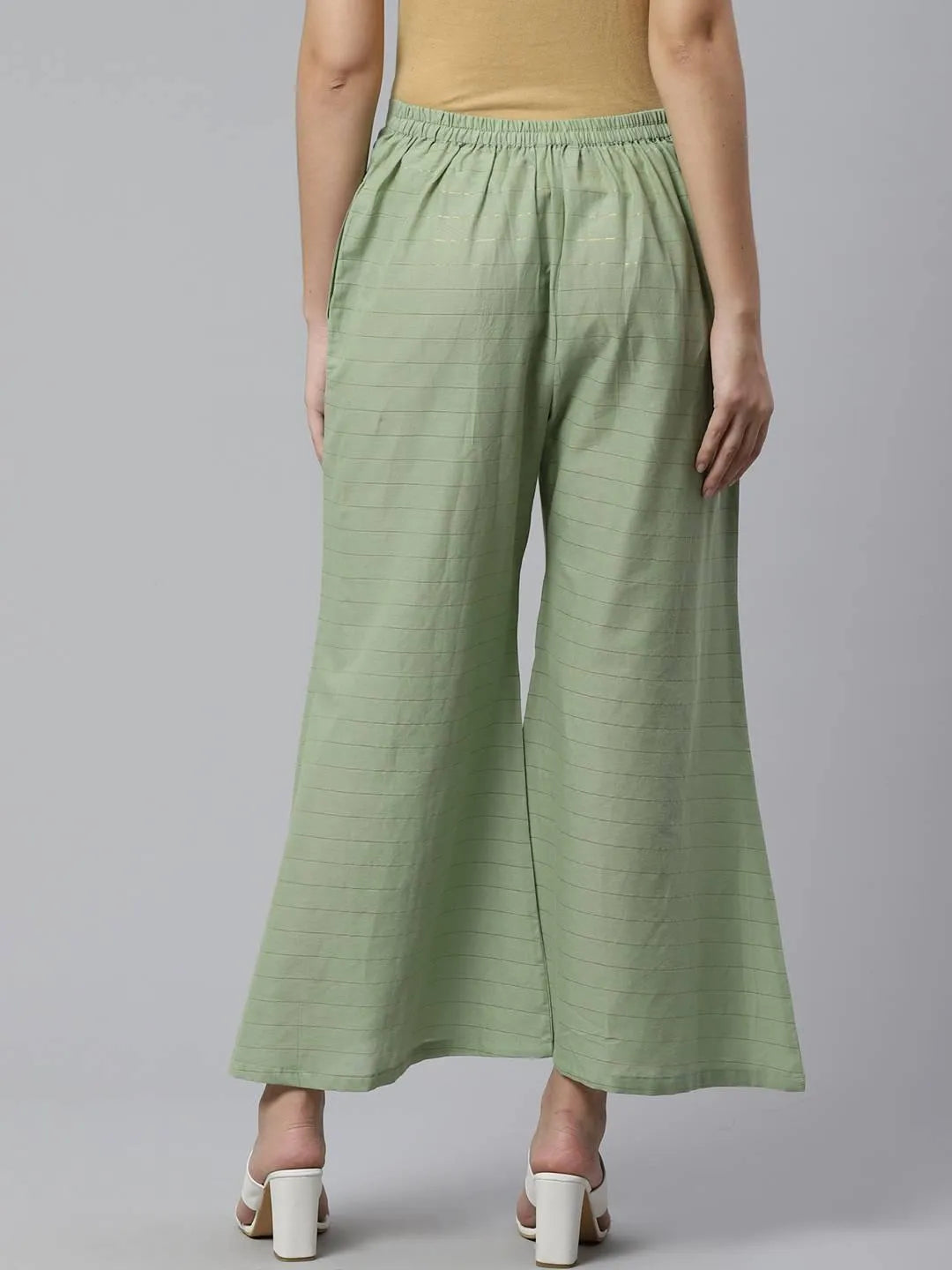 Green Striped Cotton Palazzos - Libas 