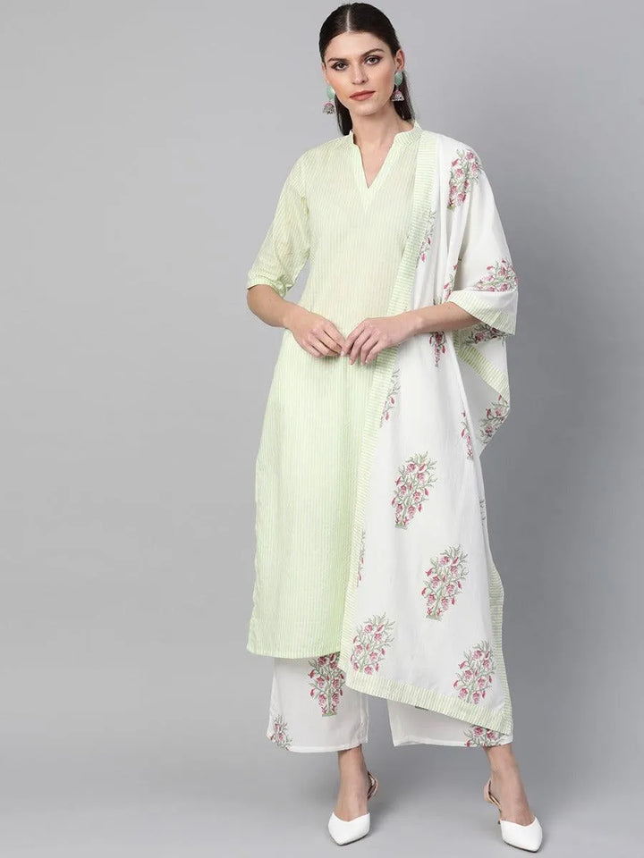 Green Striped Cotton Suit Set - Libas