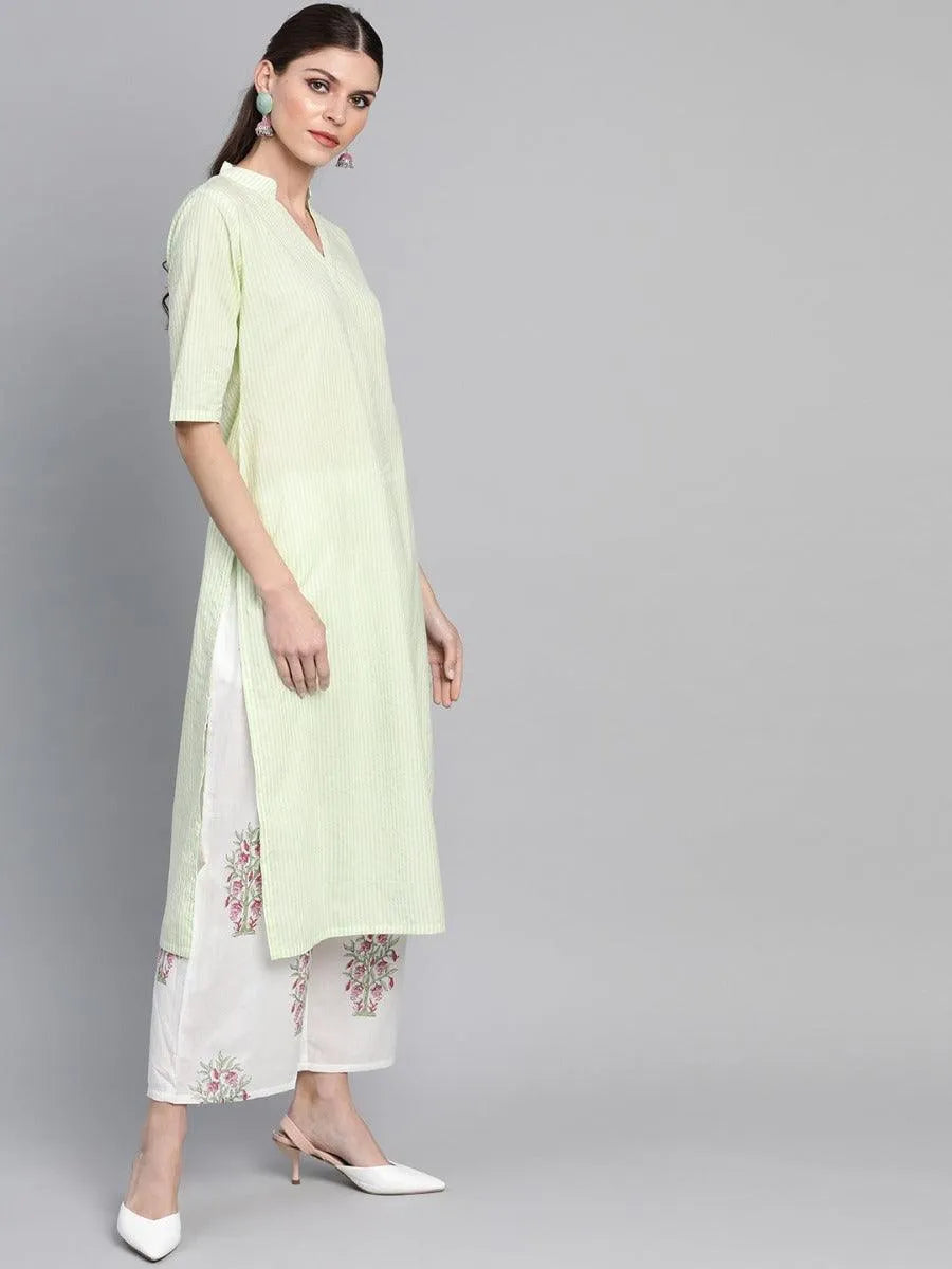 Green Striped Cotton Suit Set - Libas