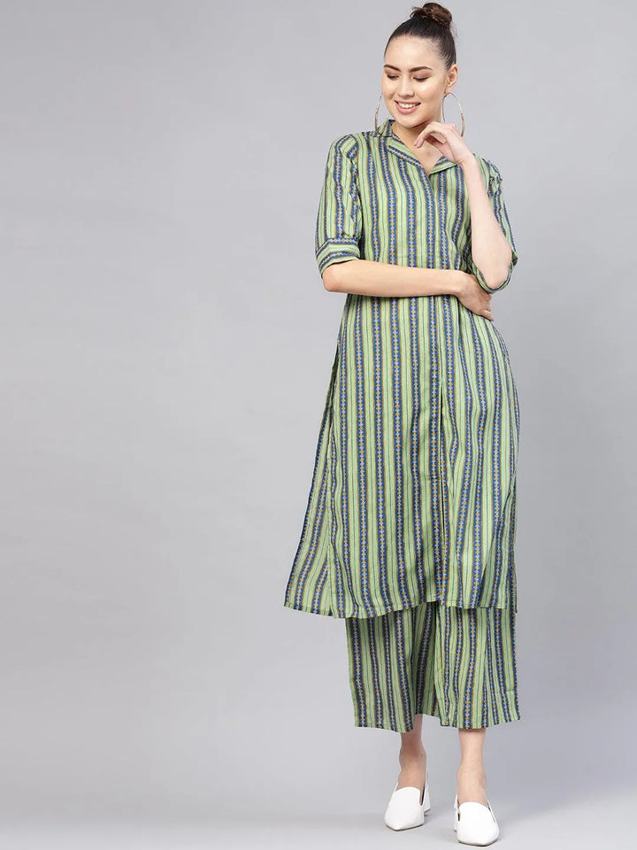 Green Striped Cotton Kurta Set - Libas