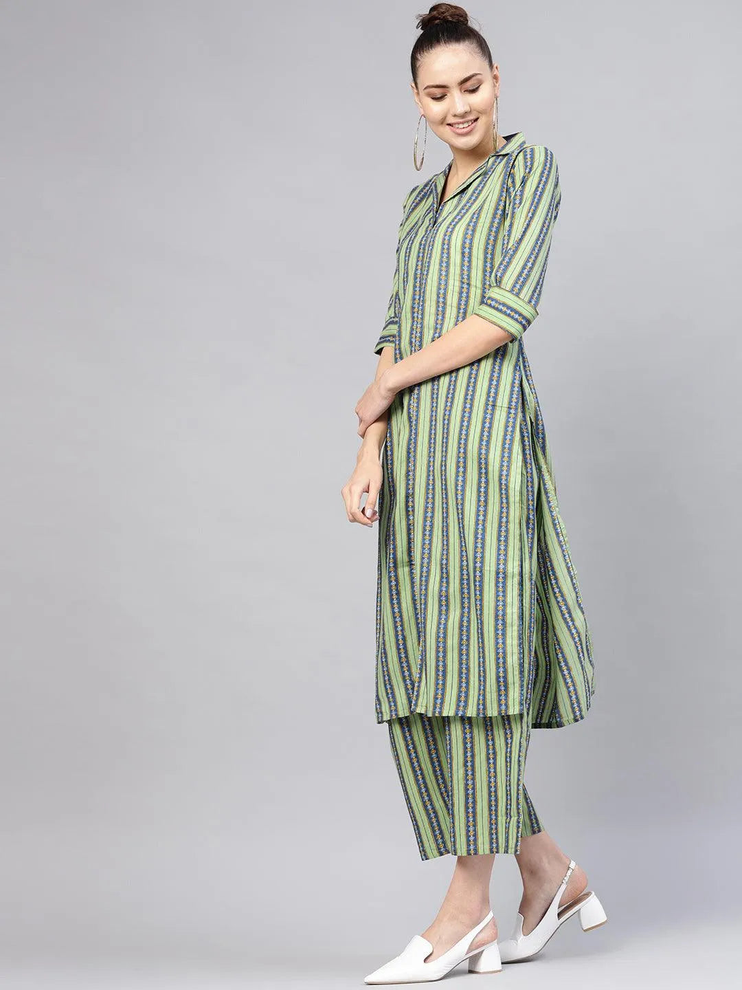 Green Striped Cotton Kurta Set - Libas