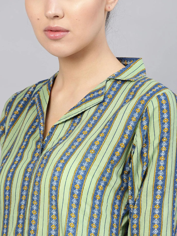 Green Striped Cotton Kurta Set - Libas