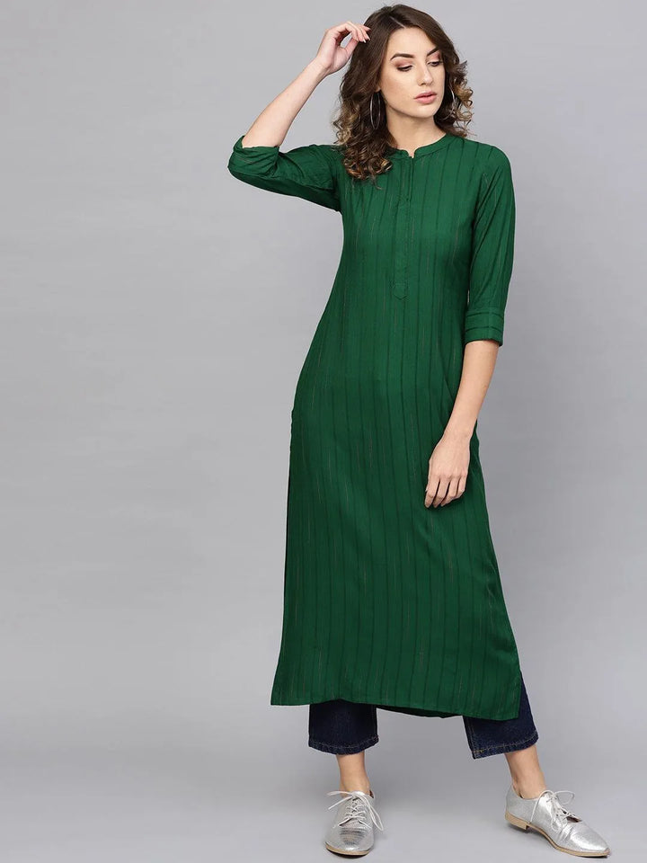 Green Striped Rayon Kurta - Libas