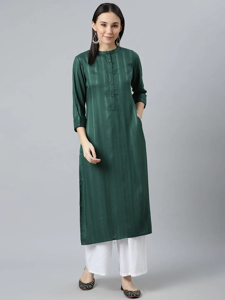 Green Striped Rayon Kurta - Libas