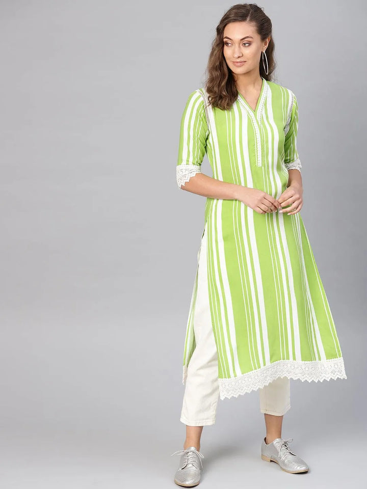 Green Striped Rayon Kurta - Libas