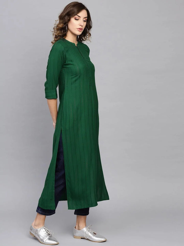 Green Striped Rayon Kurta - Libas