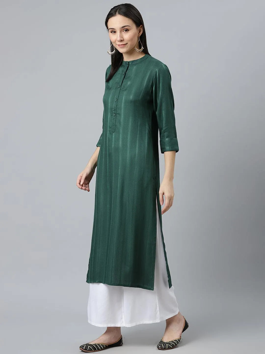 Green Striped Rayon Kurta - Libas