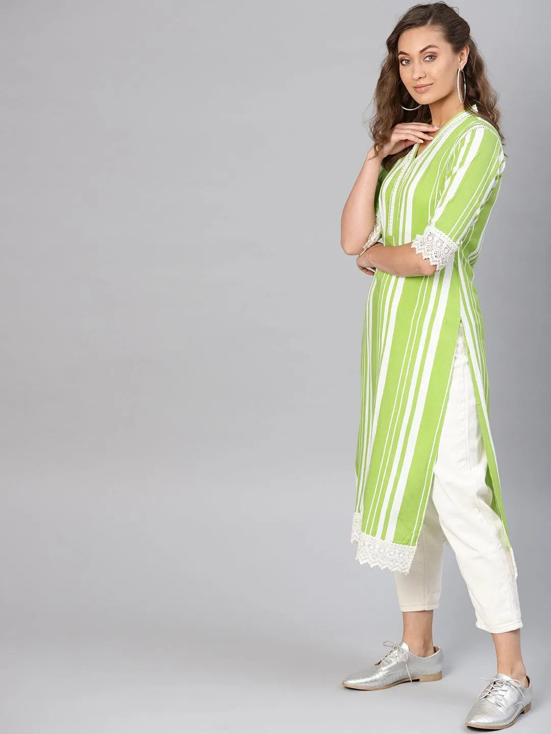 Green Striped Rayon Kurta - Libas