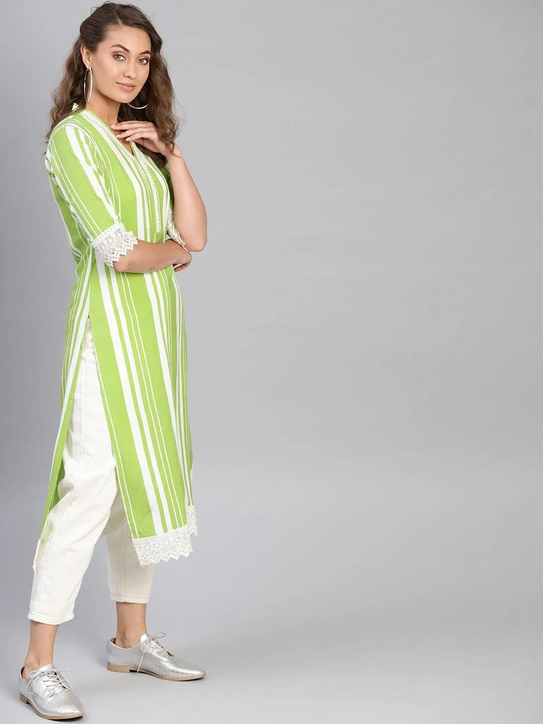 Green Striped Rayon Kurta - Libas