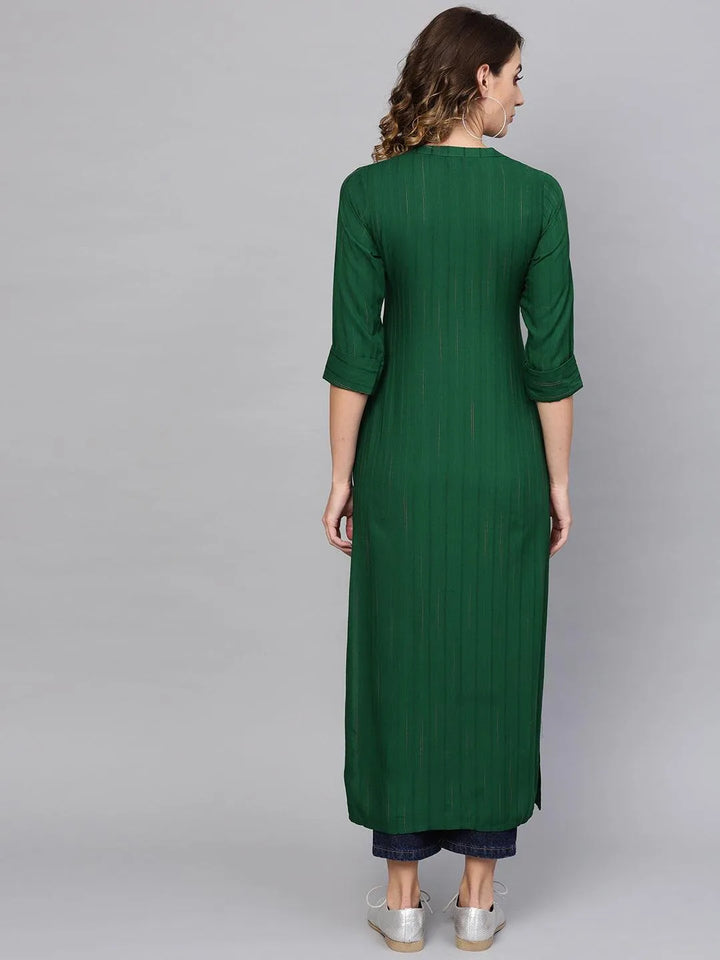 Green Striped Rayon Kurta - Libas