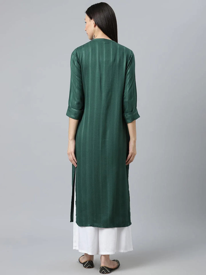 Green Striped Rayon Kurta - Libas