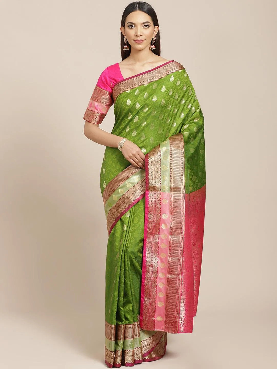 Green Woven Design Brocade Saree - Libas