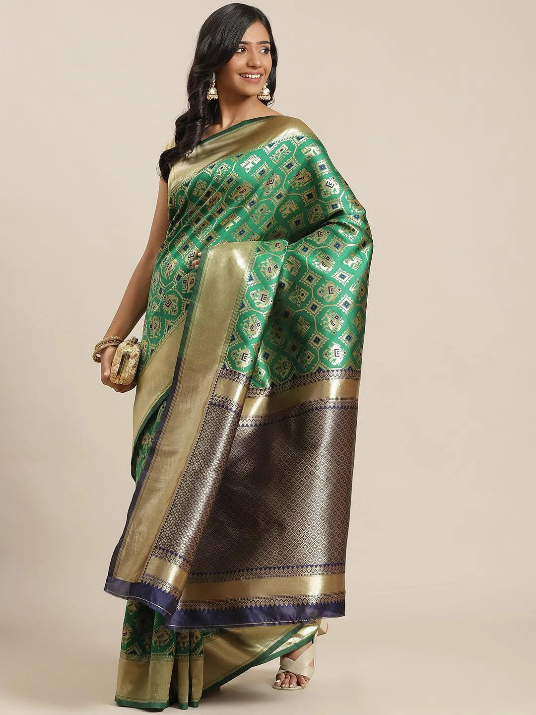 Green Woven Design Brocade Saree - Libas