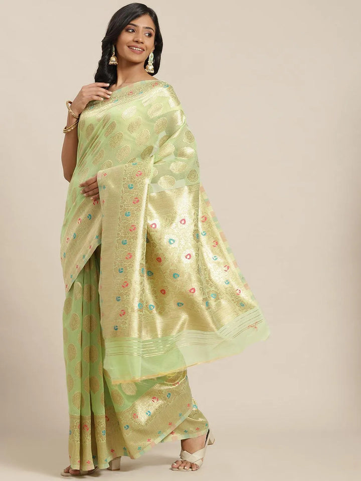 Green Woven Design Brocade Saree - Libas