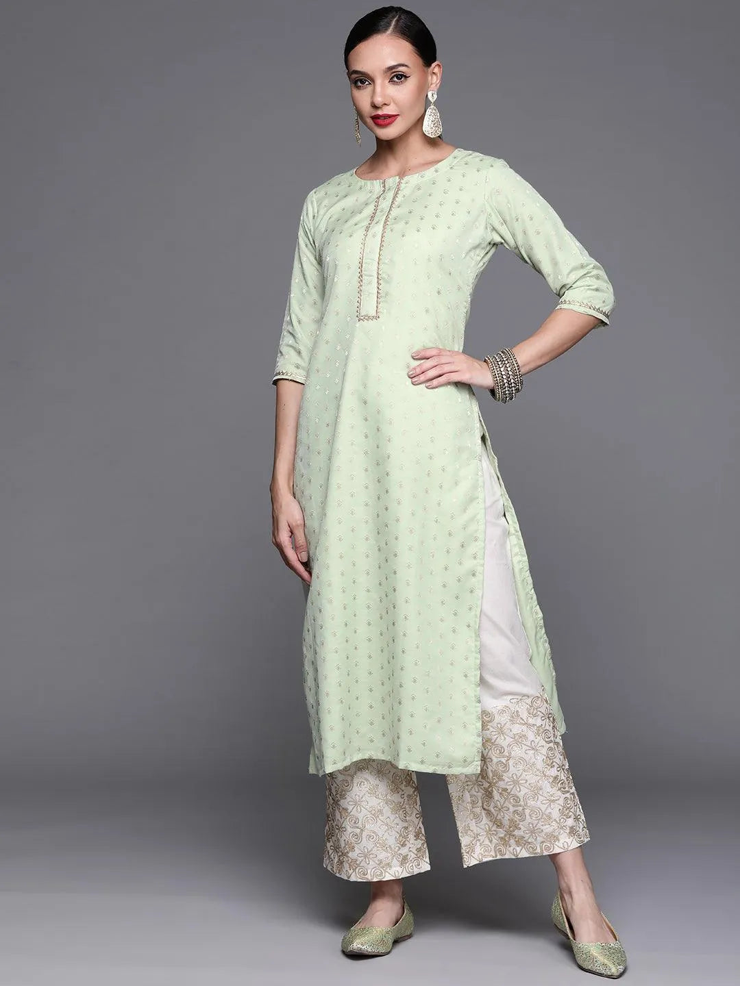 Green Woven Design Chanderi Silk Kurta - Libas