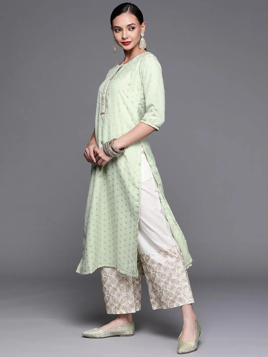 Green Woven Design Chanderi Silk Kurta - Libas 