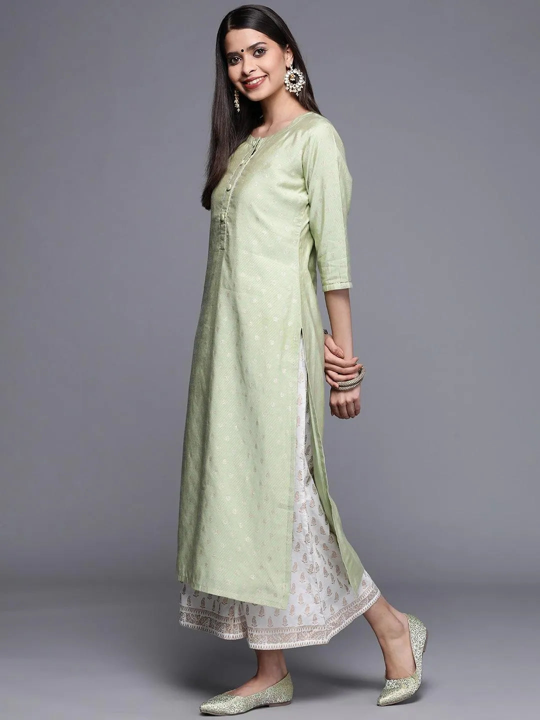 Green Woven Design Chanderi Silk Kurta - Libas