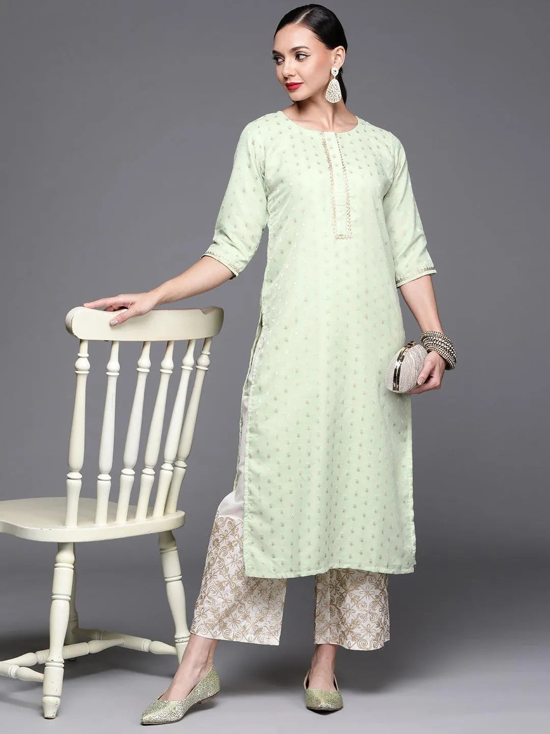 Green Woven Design Chanderi Silk Kurta - Libas 