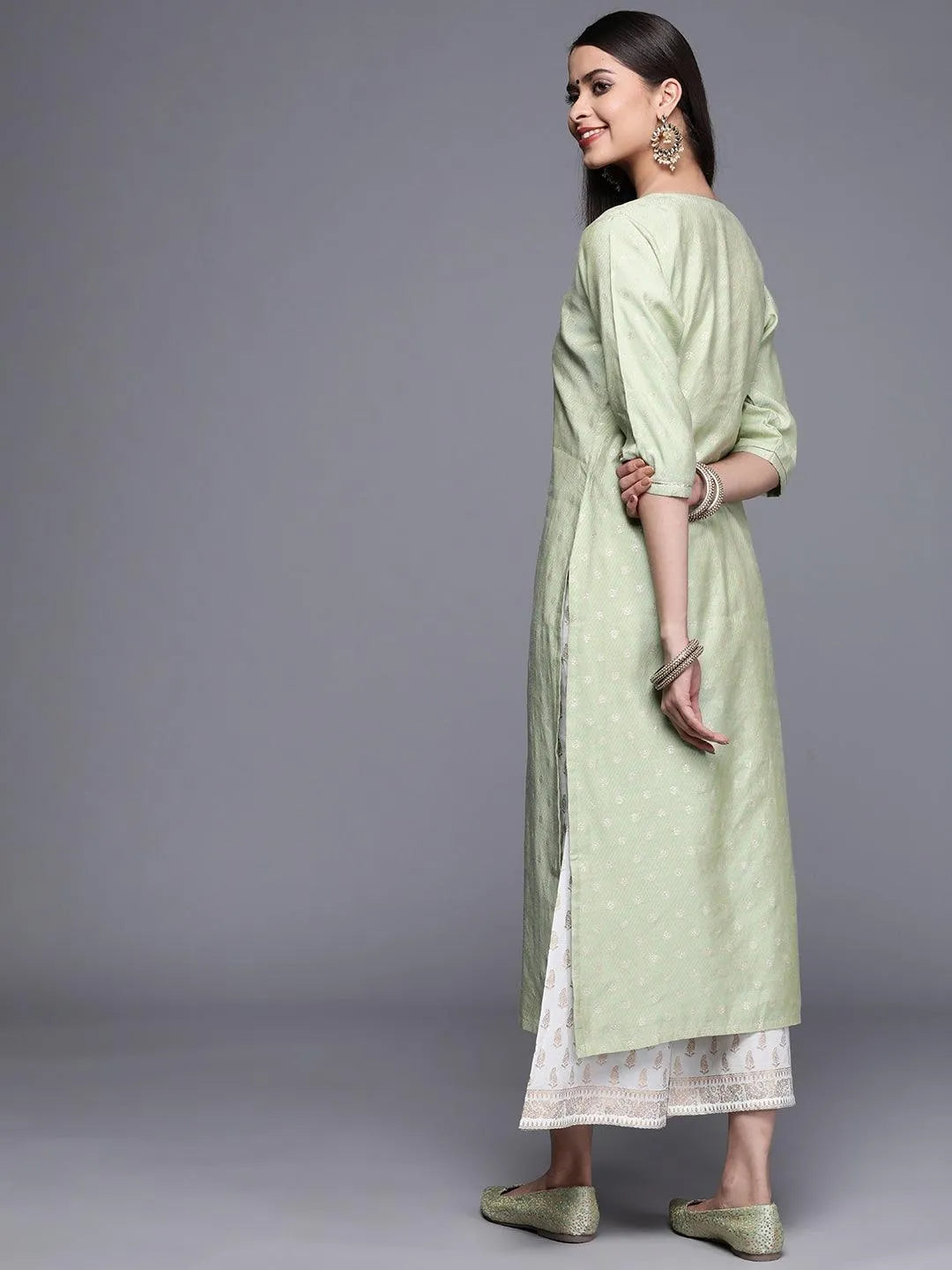 Green Woven Design Chanderi Silk Kurta - Libas