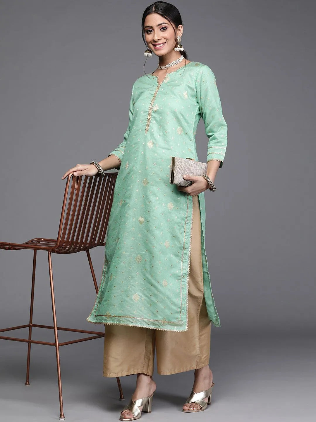 Green Woven Design Chanderi Silk Kurta - Libas