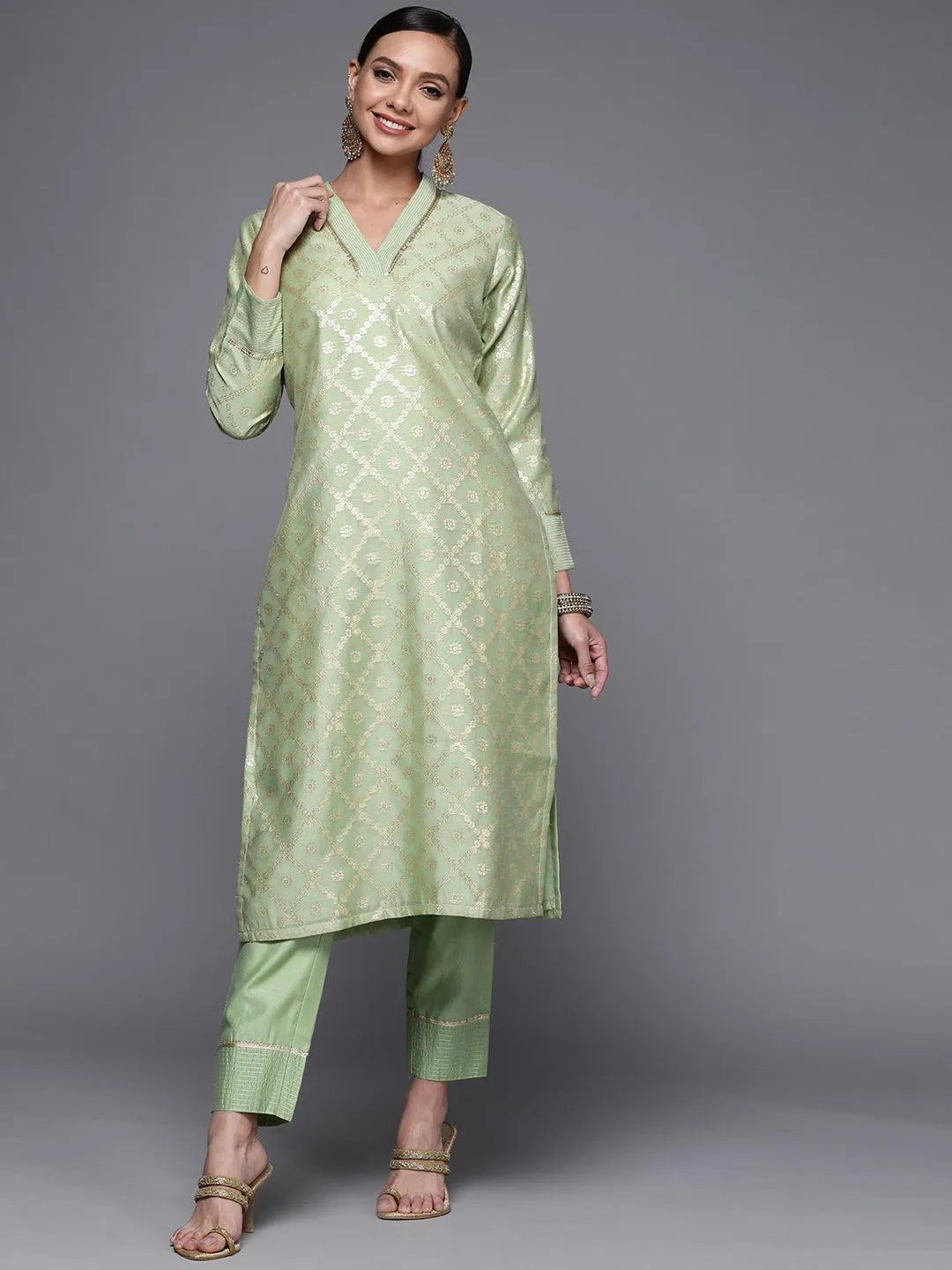 Green Woven Design Chanderi Silk Straight Kurta - Libas 