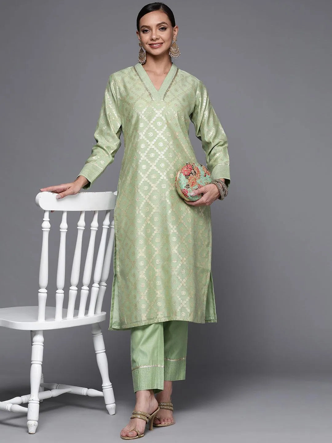 Green Woven Design Chanderi Silk Straight Kurta - Libas