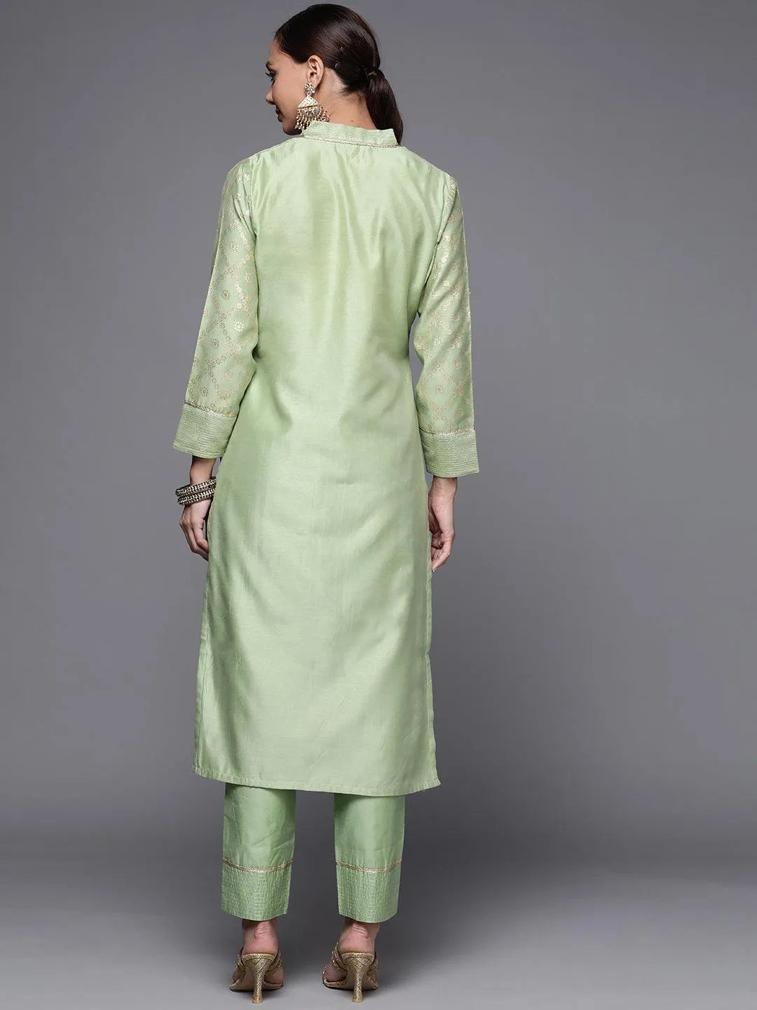 Green Woven Design Chanderi Silk Straight Kurta - Libas 