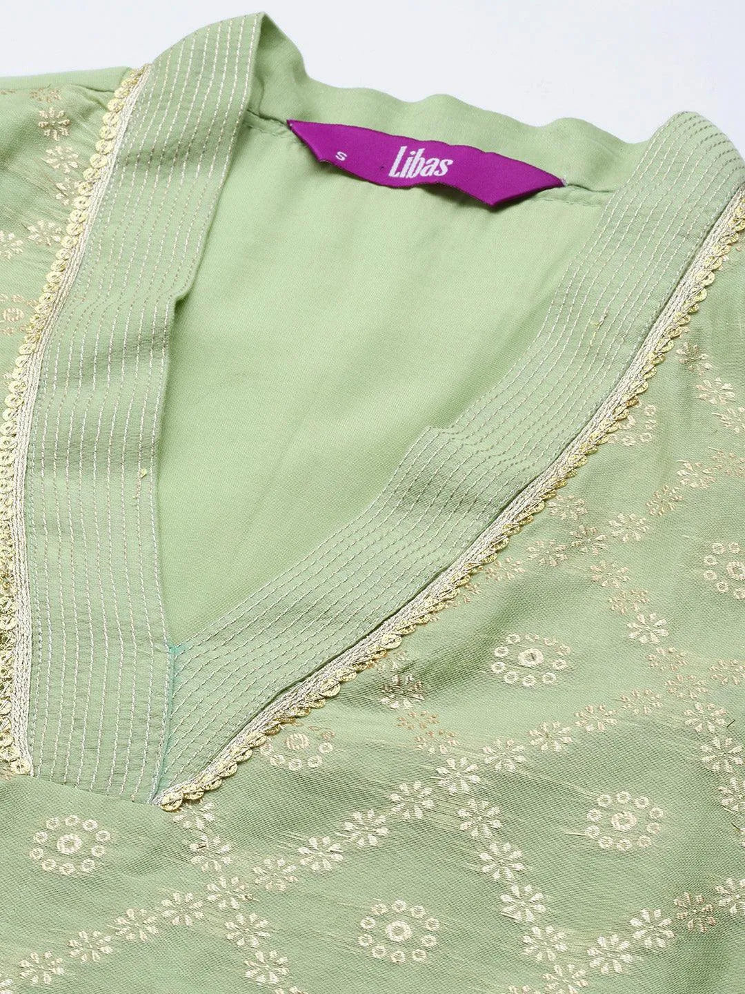 Green Woven Design Chanderi Silk Straight Kurta - Libas 