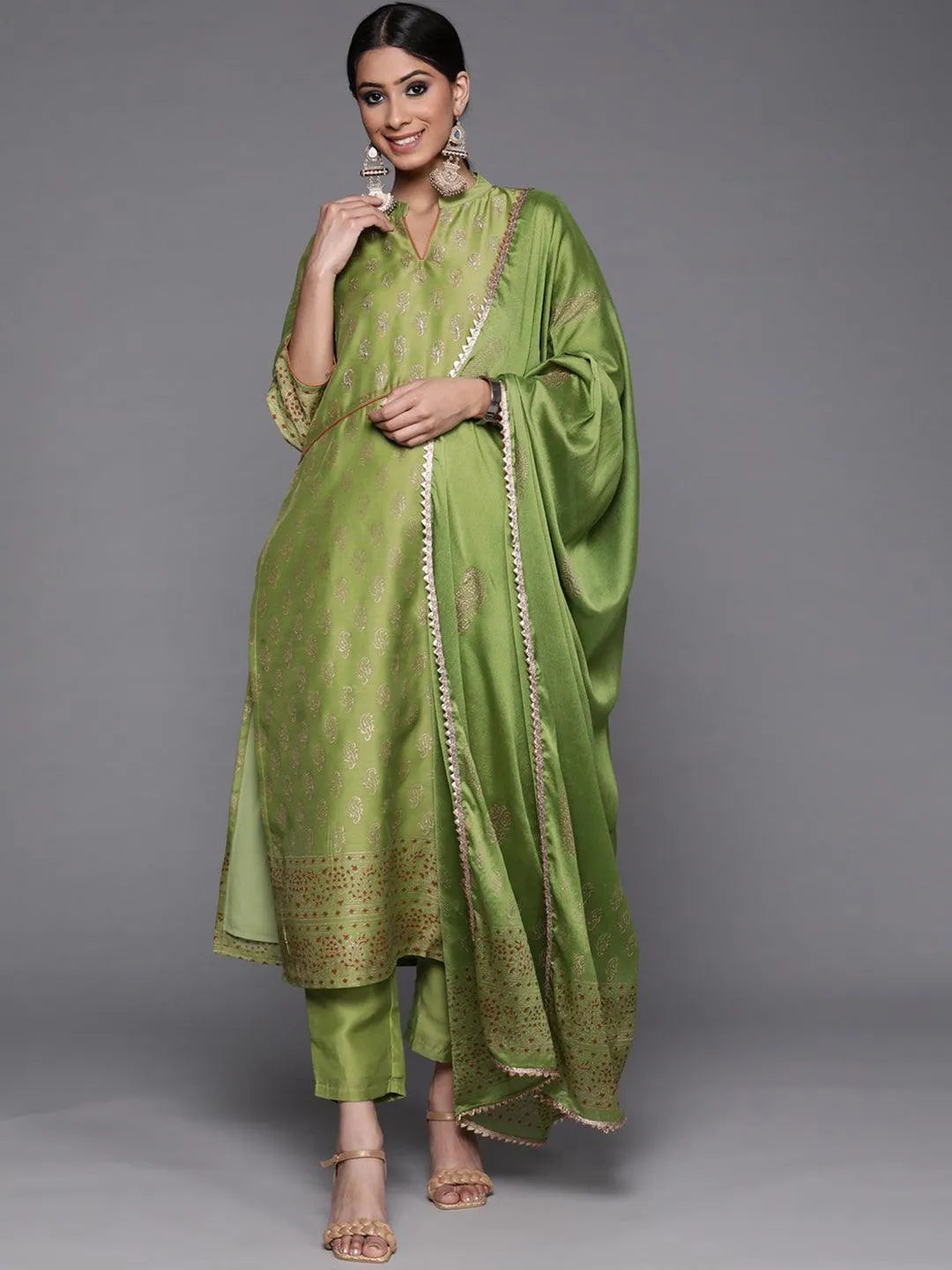 Green Woven Design Chanderi Silk Suit Set - Libas