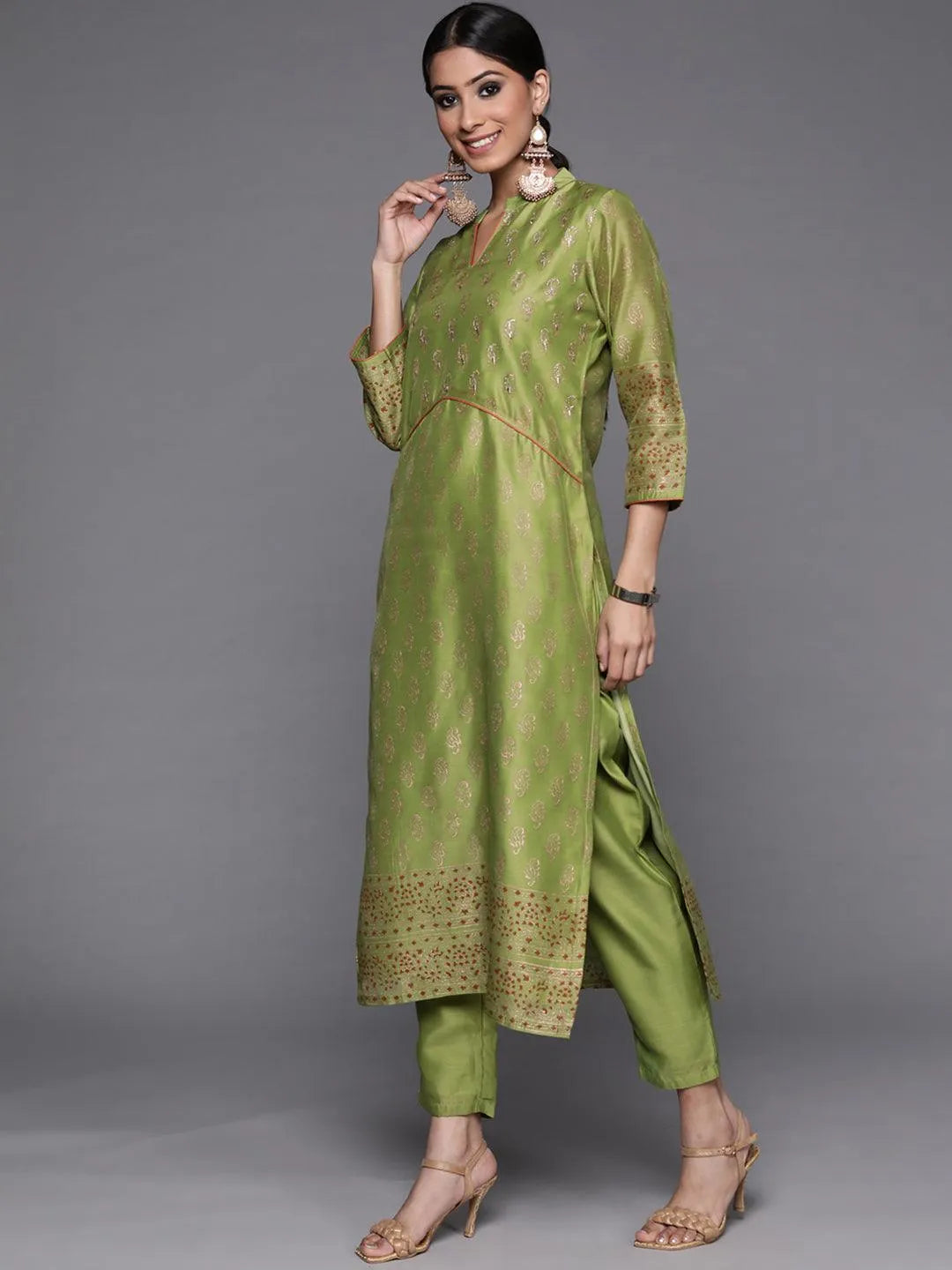 Green Woven Design Chanderi Silk Suit Set - Libas