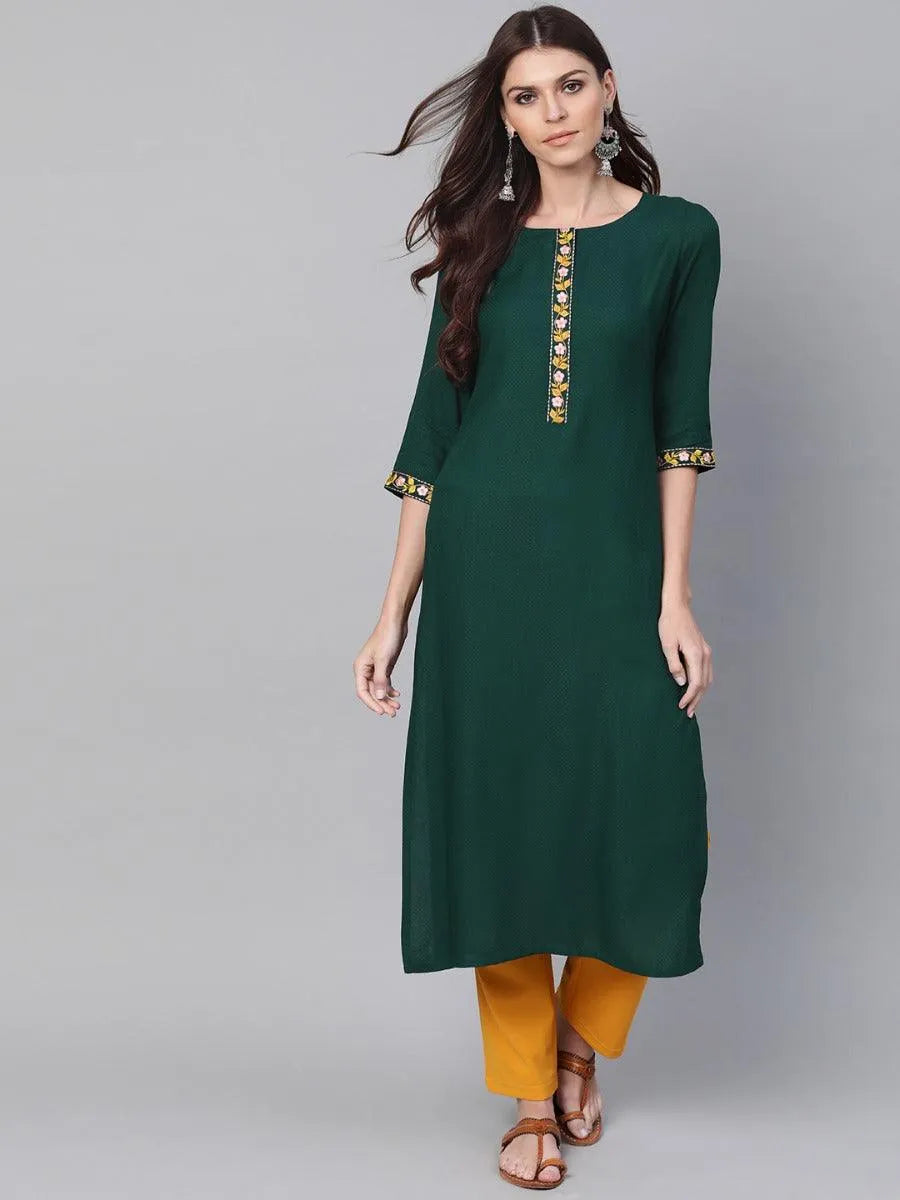 Green Woven Design Cotton Kurta - Libas