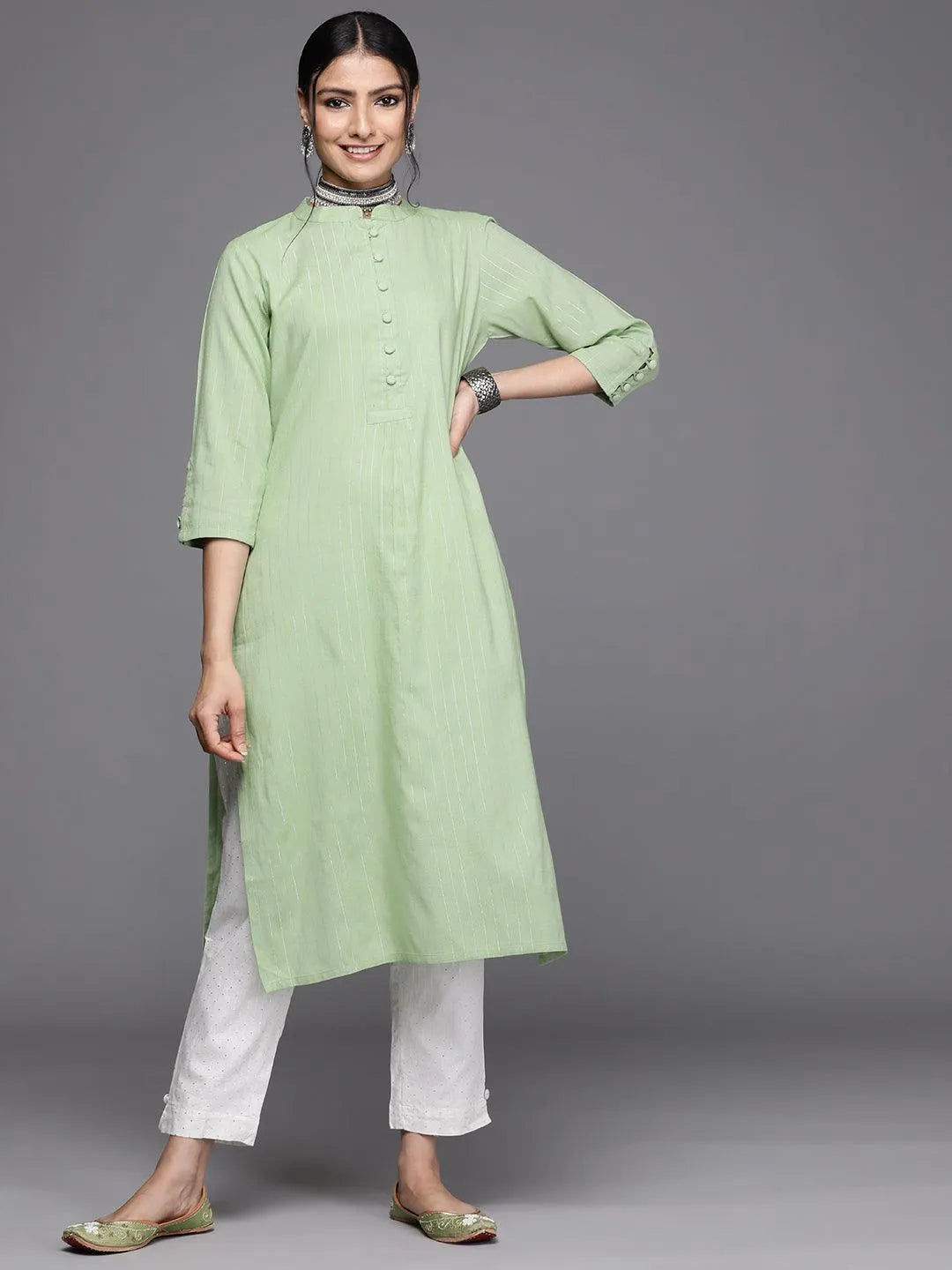 Green Woven Design Cotton Kurta - Libas