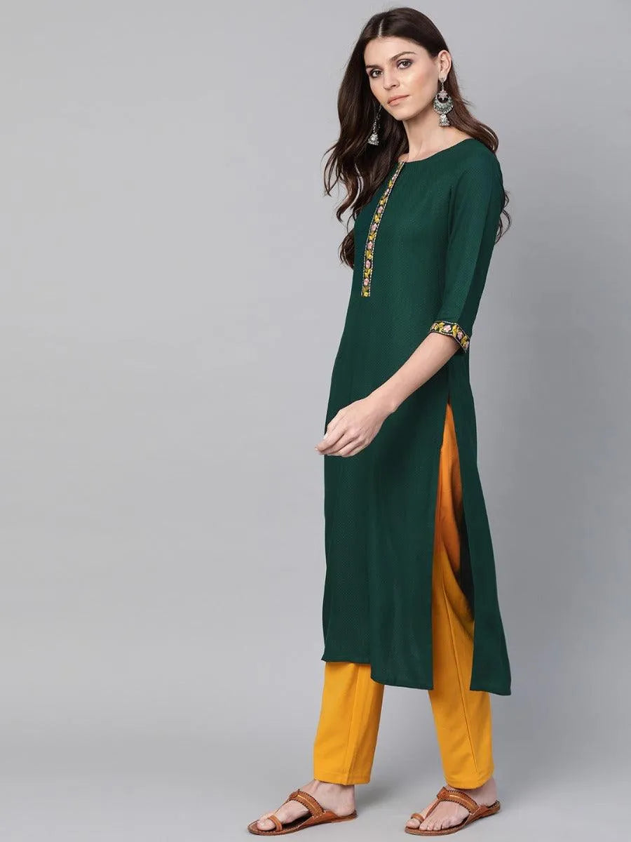 Green Woven Design Cotton Kurta - Libas