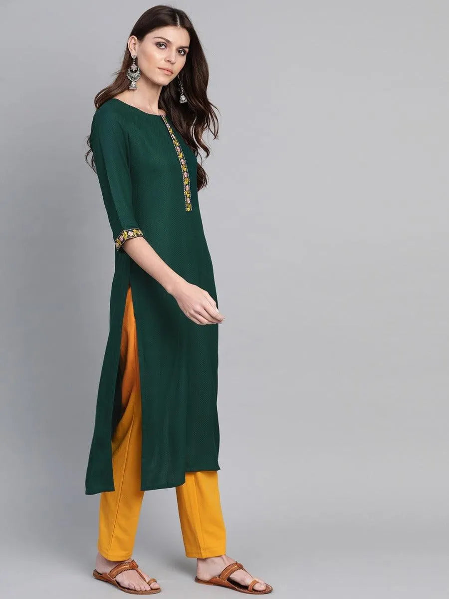 Green Woven Design Cotton Kurta - Libas