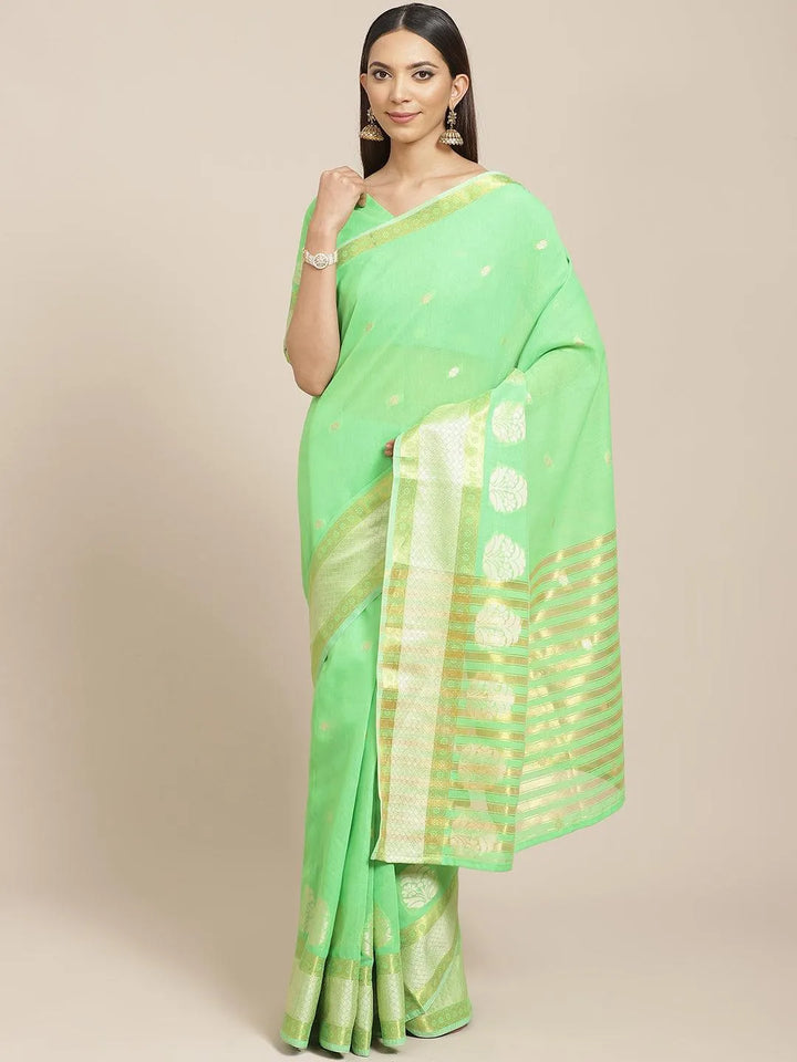 Green Woven Design Cotton Saree - Libas