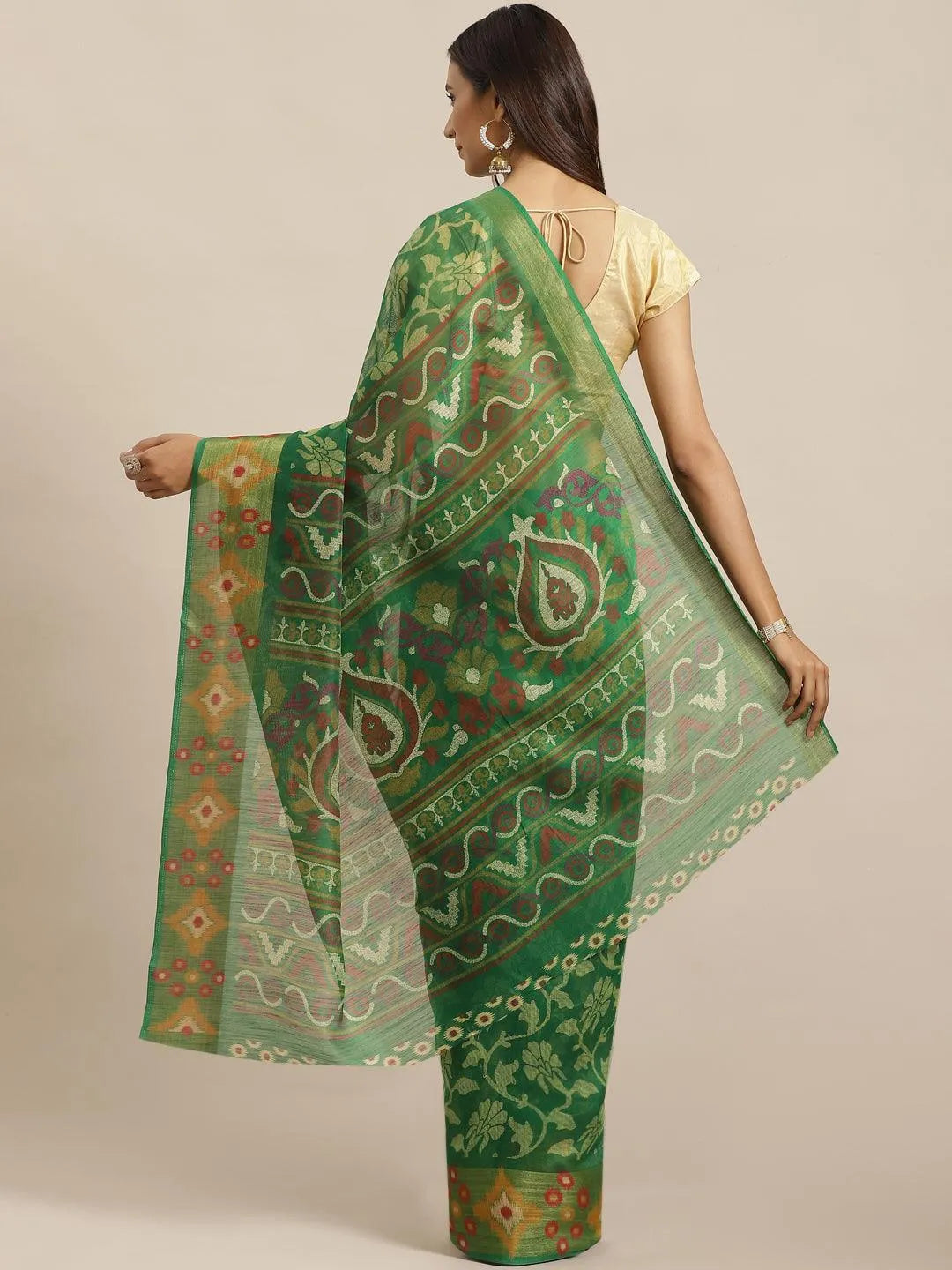 Green Woven Design Cotton Saree - Libas