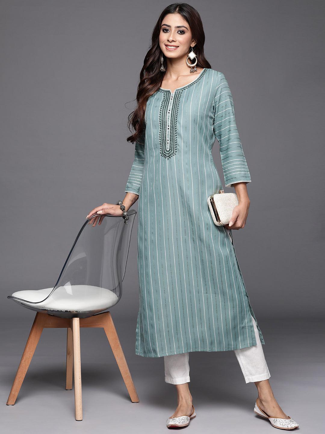 Green Woven Design Cotton Straight Kurta - Libas