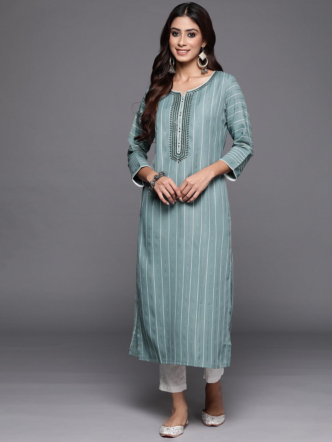 Green Woven Design Cotton Straight Kurta - Libas