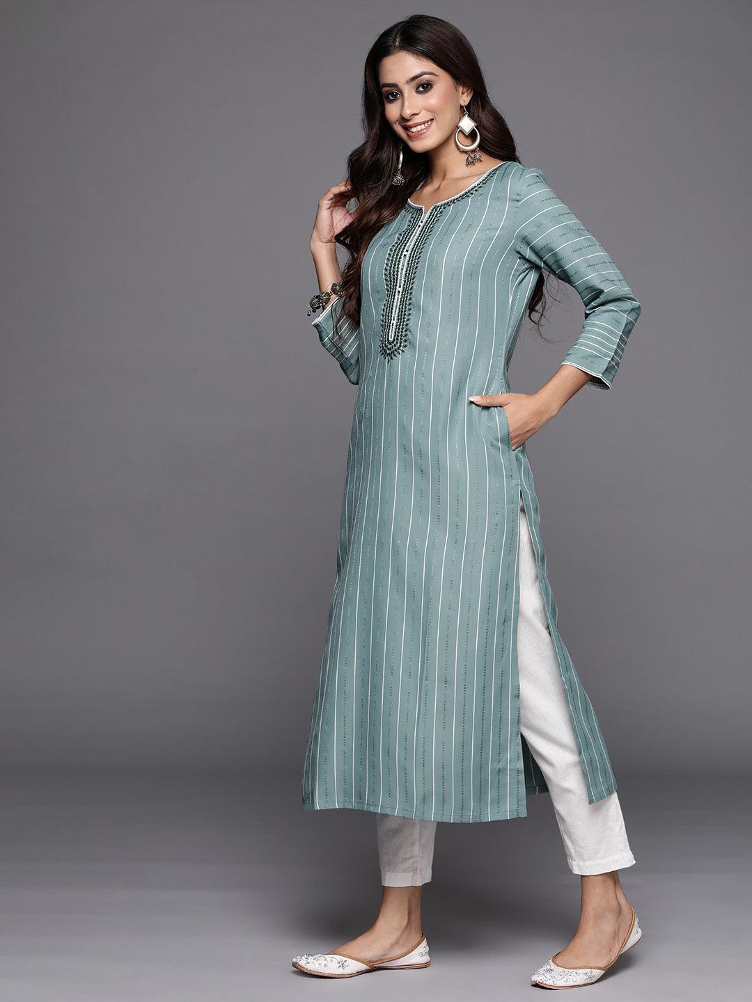 Green Woven Design Cotton Straight Kurta - Libas