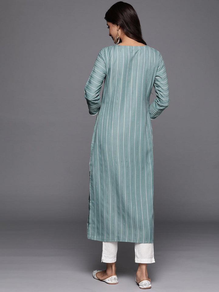 Green Woven Design Cotton Straight Kurta - Libas