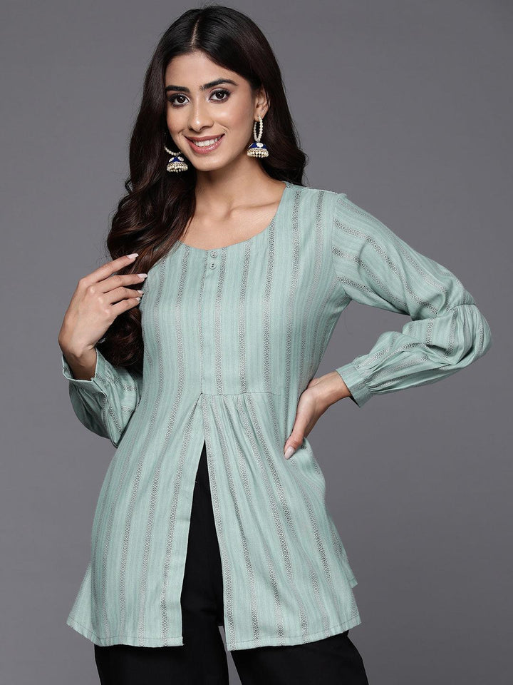 Green Woven Design Rayon A-Line Kurti - Libas